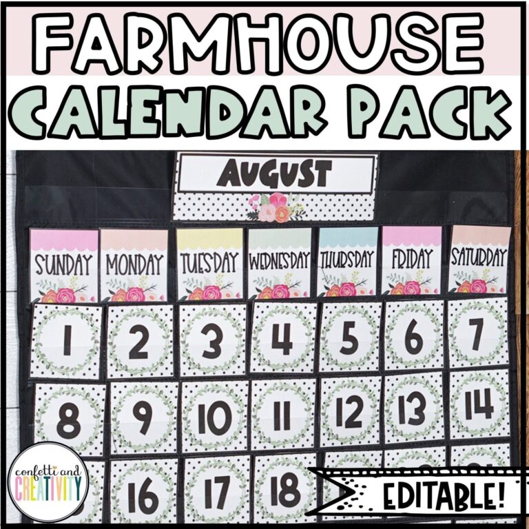Shows the Floral Classroom Calendar setup in a black pocket chart in a real classroom