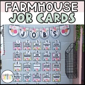 Shows the floral classroom theme job cards set up on a classroom wall. Includes names for each job as well as job cards for students