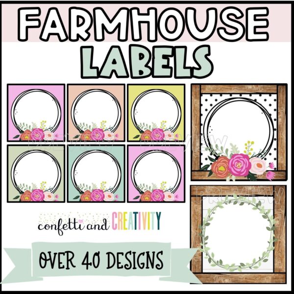 Shows example editable classroom labels from the floral classroom them
