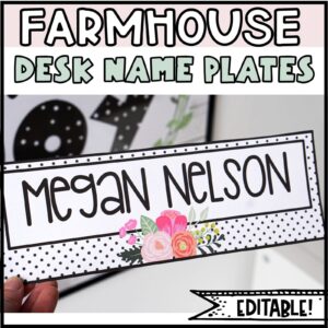 Shows an example desk name plate with the name "Megan Nelson" from the Floral Classroom Theme