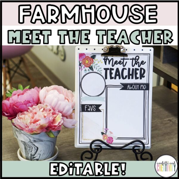 Shows a blank example of the meet the teacher template from the floral classroom theme