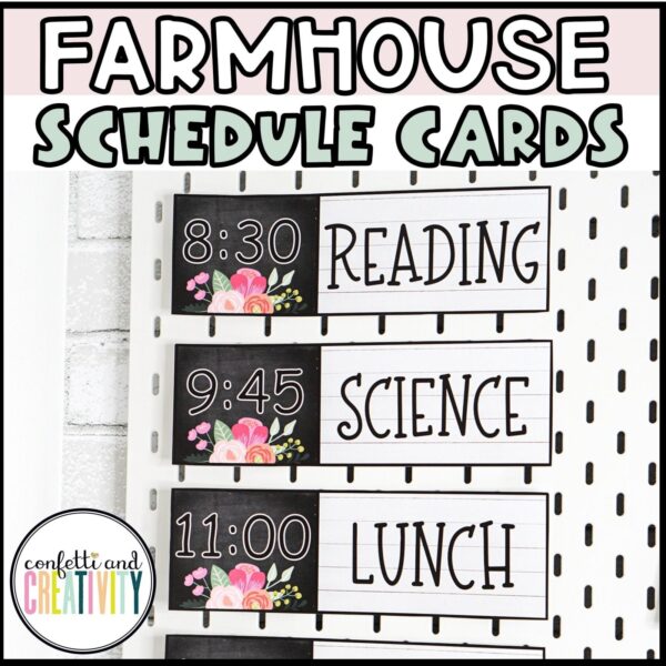 Shows example schedule cards from the floral classroom theme. Examples include reading and science set up on a board