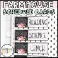 Shows example schedule cards from the floral classroom theme. Examples include reading and science set up on a board