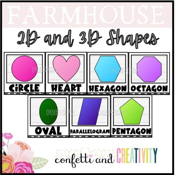 Shows example shape posters from the farmhouse floral classroom decor theme.