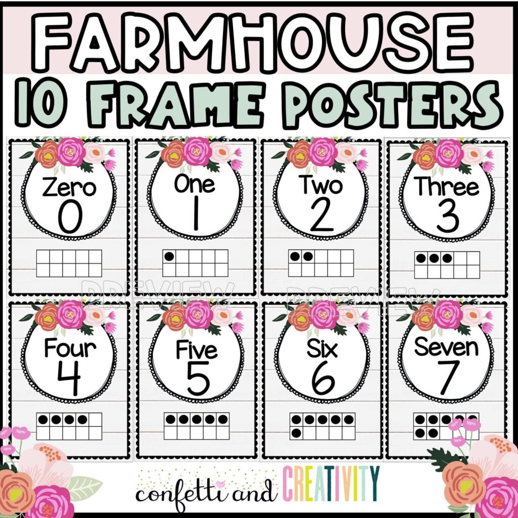 Shows 10 frame posters from the floral classroom theme. Examples include number 0 through 7.