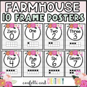 Shows 10 frame posters from the floral classroom theme. Examples include number 0 through 7.