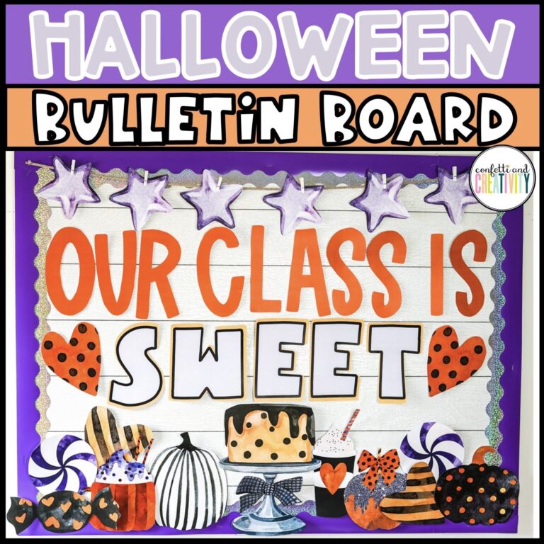 Shows the Halloween Bulletin Board "Our Class is Sweet". The bulletin board features sweet candy, and halloween colors purple, orange, and black. Perfect for a teacher to use for an October Bulletin Board to celebrate the season