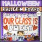 Shows the Halloween Bulletin Board "Our Class is Sweet". The bulletin board features sweet candy, and halloween colors purple, orange, and black. Perfect for a teacher to use for an October Bulletin Board to celebrate the season