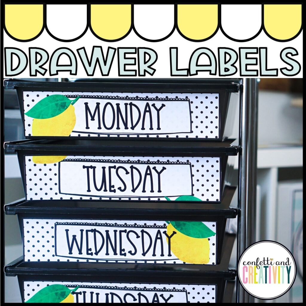 Shows the lemon classroom theme 10 drawer cart set up in a real classroom