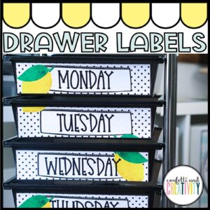 Shows the lemon classroom theme 10 drawer cart set up in a real classroom