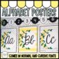 Shows example alphabet posters from the lemon classroom theme. Includes multiple designs set up on a real classroom wall