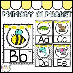 Shows a close up the lemon alphabet posters with pictures. Includes example of bee, ant, and others. Every poster has an image that matches the phonics of the letter.