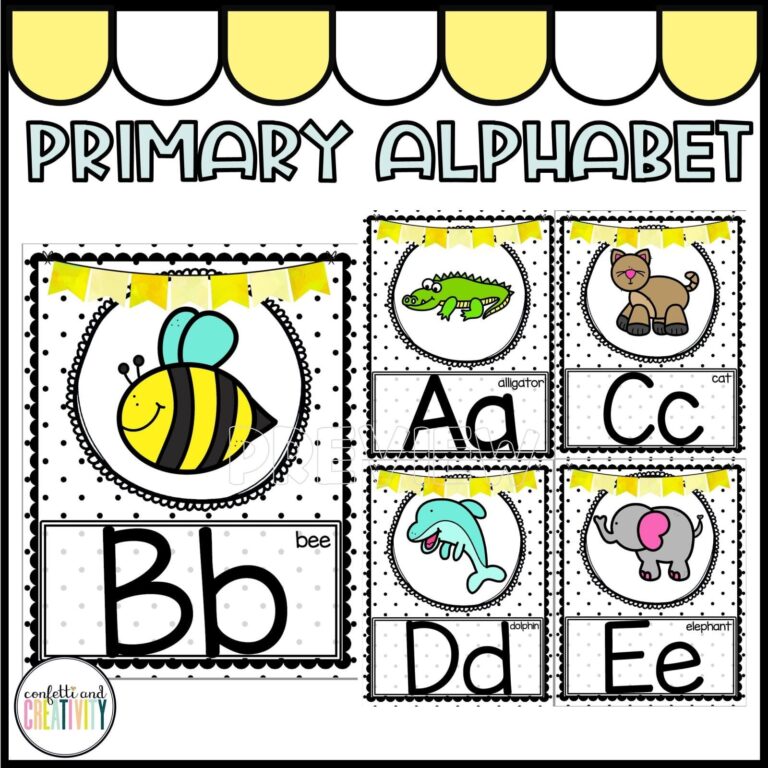Shows a close up the lemon alphabet posters with pictures. Includes example of bee, ant, and others. Every poster has an image that matches the phonics of the letter.