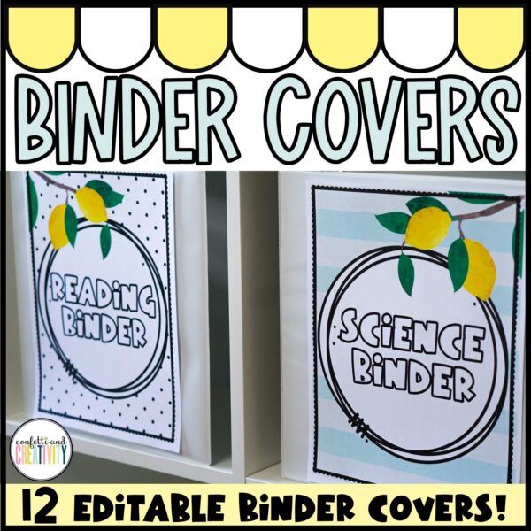 Shows example binder covers from the lemon classroom theme