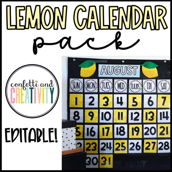 Shows a picture of the lemon classroom theme classroom calendar in a black pocket chart. Includes a month card, numbers for the days, and so much more!