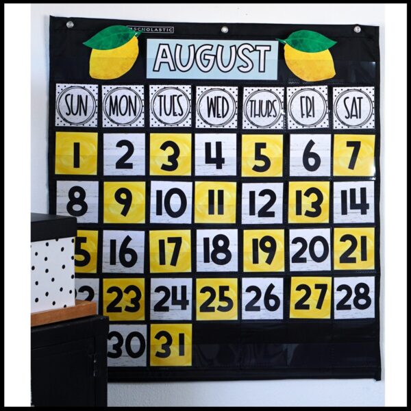 Lemon Classroom Calendar - Alternating Yellow and White Number Cards August Lemon Themed Cover Photo Shows Lemon Classroom Calendar lemon-themed classroom calendar features alternating yellow and white number cards, coordinating perfectly with the bold black-and-white weekday labels for a cheerful, organized display.