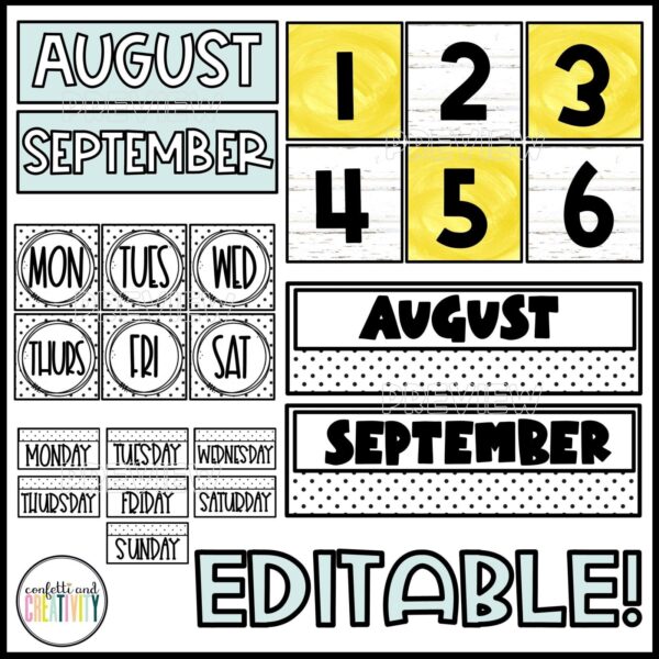 Lemon Classroom Calendar - Editable August and September Lemon-themed Cover Photo Shows Lemon Classroom Calendar showcases a cheerful, lemon-themed classroom calendar set that includes editable month headers, day-of-week labels, and number cards in coordinating yellow and white backgrounds.