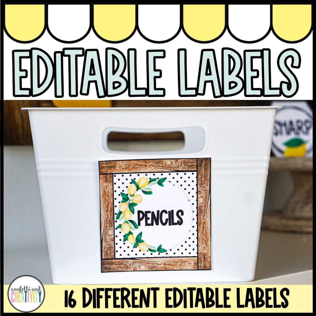 Shows an example of the lemon classroom label with the word "pencil" on it. The label is on a bin