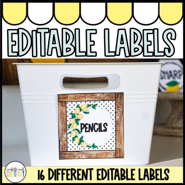 Shows an example of the lemon classroom label with the word "pencil" on it. The label is on a bin