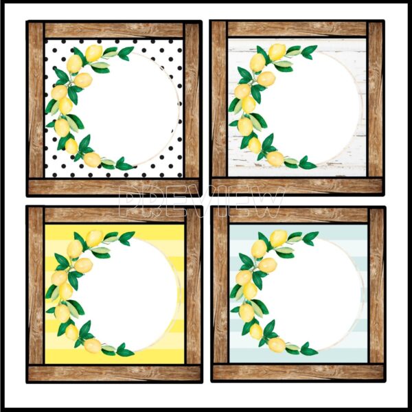 Lemon Classroom Labels - Square Labels Cover Photo Shows Lemon Classroom Labels lemon-themed square labels, each with a rustic wood frame and distinct background patterns (polka dots, wood grain, and stripes), are perfect for organizing or decorating classroom materials.