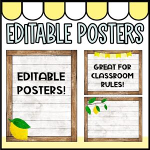 Shows examples of editable classroom posters from the Lemon Classroom Theme. Enables teachers to create posters for anything they might need in their classroom