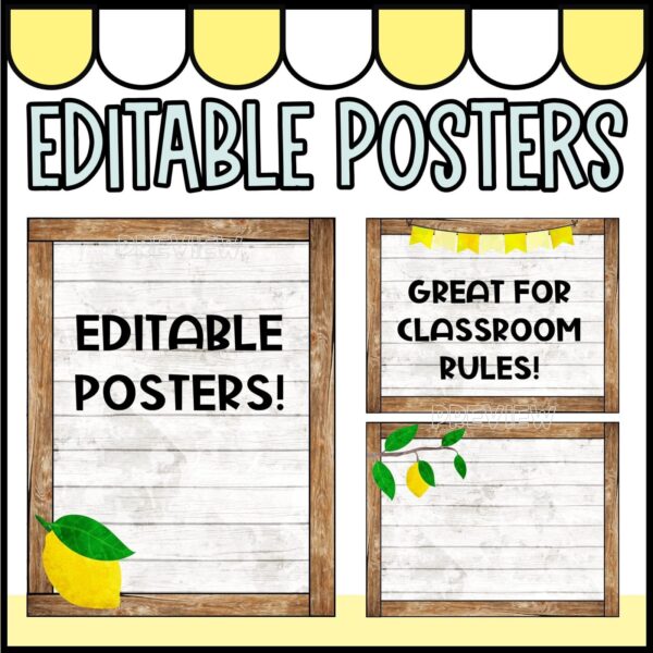 Shows examples of editable classroom posters from the Lemon Classroom Theme. Enables teachers to create posters for anything they might need in their classroom