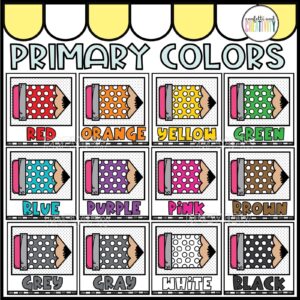 Shows all 8 lemon color poster examples. Each poster is a pencil with polka dots on it in different colors