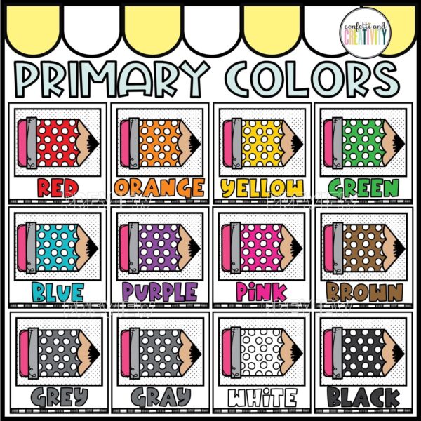 Shows all 8 lemon color poster examples. Each poster is a pencil with polka dots on it in different colors