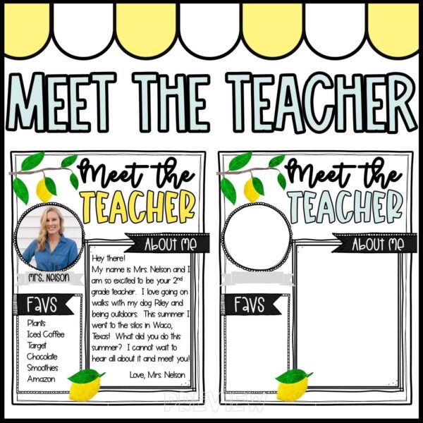 Shows two different examples of a meet the teacher template from the Lemon Classroom Theme