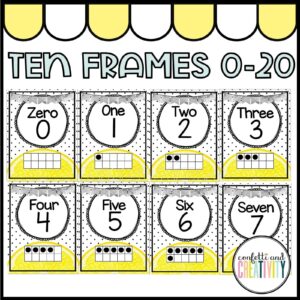 Shows the lemon ten frames from 0 to 7, each poster has a lemon and ten frame to match the number on the card