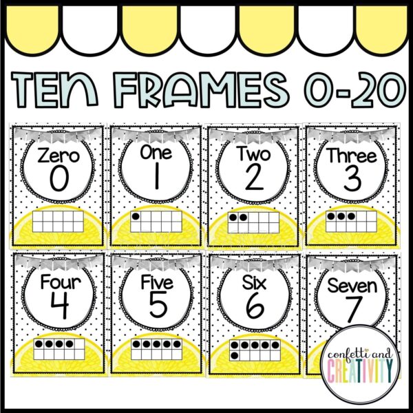 Shows the lemon ten frames from 0 to 7, each poster has a lemon and ten frame to match the number on the card