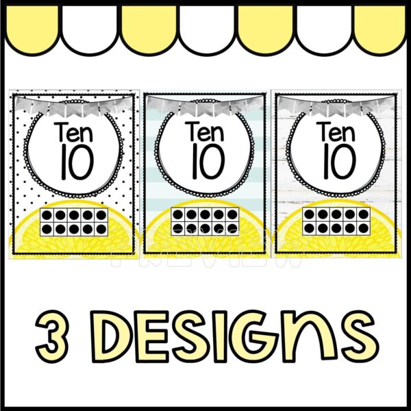 Lemon Ten Frames - Polka dots 10 Frames Cover Photo Shows Lemon Ten Frame Poster three charming designs, each featuring a bright lemon slice and a ten-frame layout to help young learners visualize numbers in a fun and engaging way.