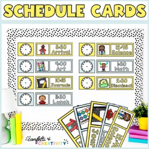 Shows a sample bulletin board set up with the visual schedule cards from the Lemon Classroom Theme. Includes bright blue and yellow color schemes with clipart for each activity on the schedule