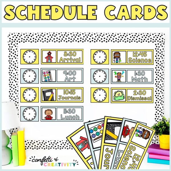 Shows a sample bulletin board set up with the visual schedule cards from the Lemon Classroom Theme. Includes bright blue and yellow color schemes with clipart for each activity on the schedule