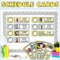 Shows a sample bulletin board set up with the visual schedule cards from the Lemon Classroom Theme. Includes bright blue and yellow color schemes with clipart for each activity on the schedule