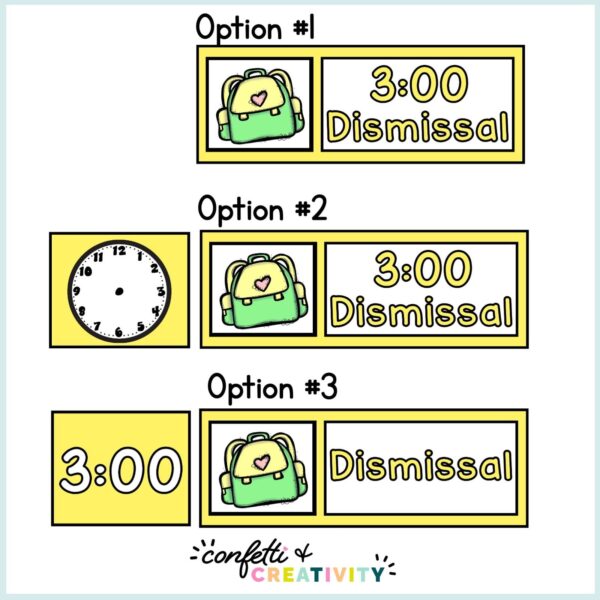 Lemon Visual Schedule Cards - Display Options Shows 3 different options to display the visual schedule cards. Differences include different ways to display time