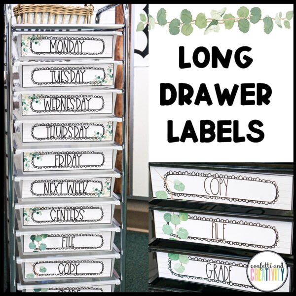 Shows the Modern Farmhouse long drawer labels set up on a 10 drawer cart combine a charming greenery theme with bold, easy-to-read text—perfect for organizing your classroom by days of the week, tasks, or subjects in a neat and stylish way.