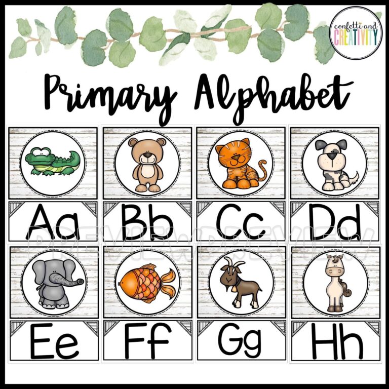 Shows alphabet posters with pictures on them to match the phonics. The example photo shows letters A-H with each letter having a set of clipart