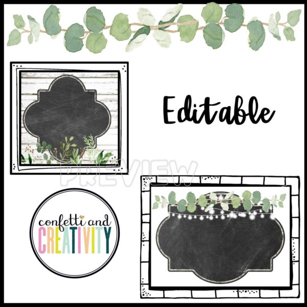 Modern Farmhouse Classroom Jobs - Editable Labels Photo Shows the modern farmhouse classroom jobs "Editable" labels with chalkboard-style frames and eucalyptus greenery, perfect for customizing classroom decor.