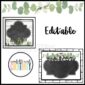 Shows the modern farmhouse classroom jobs "Editable" labels with chalkboard-style frames and eucalyptus greenery, perfect for customizing classroom decor.
