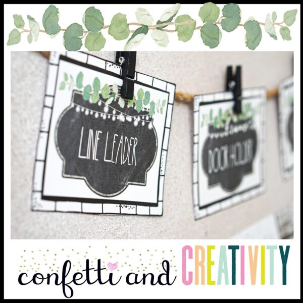 Modern Farmhouse Classroom Jobs - Line Leader Photo Shows the modern farmhouse classroom jobs features roles like "Line Leader," with charming greenery accents and displayed using mini clothespins for a stylish and organized look.