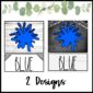 Shows Modern Farmhouse Color Poster two vibrant “Blue” label designs—perfect for classroom color identification or decor—with a fun paint splatter graphic and two charming background options to suit your style.