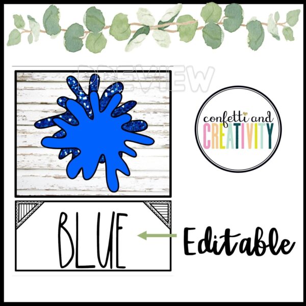 Modern Farmhouse Color Posters - Cover Photo Shows Modern Farmhouse Color Poster design features a bold blue paint splatter on a rustic wood background, perfect for customizing your classroom decor with a personal touch.
