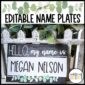 Shows the "Hello My Name Is" desk name plate in the modern farmhouse classroom theme. The example shows a design with chalkboard