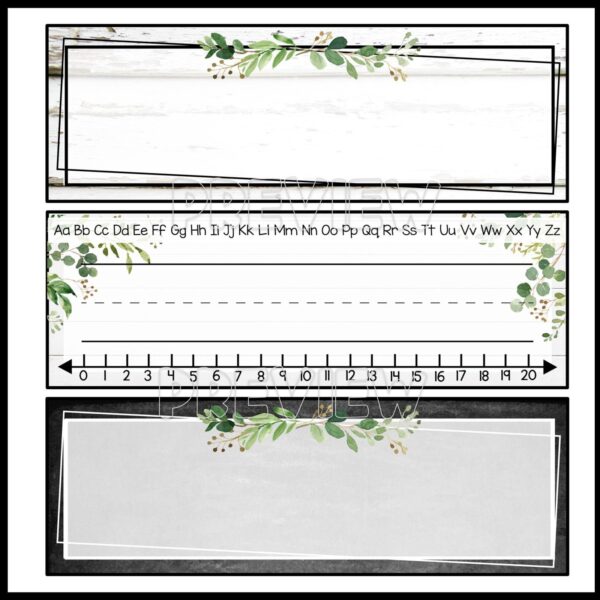 Modern Farmhouse Desk Nameplates - Cover Photo Shows Modern Farmhouse Deck Nameplates editable classroom desk name tags featuring elegant greenery designs, with options including a blank label, an alphabet strip with a number line, and a chalkboard-style frame.