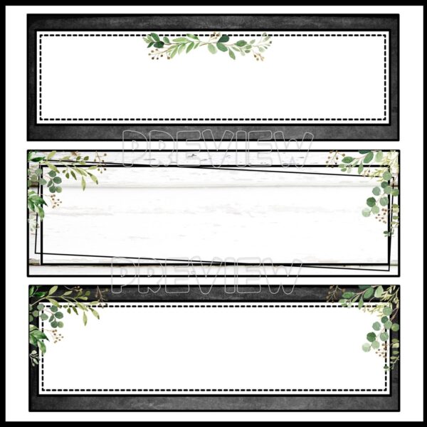 Modern Farmhouse Desk Nameplates - Cover Photo Shows Modern Farmhouse Deck Nameplates shows three editable classroom nameplate designs featuring botanical borders and neutral tones—perfect for labeling desks, bins, or student supplies.