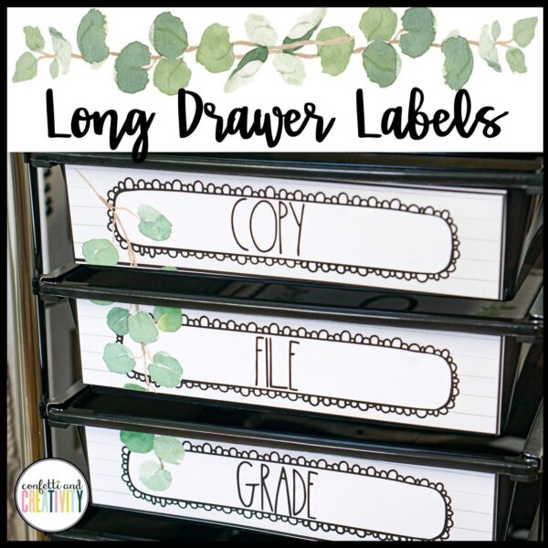 Modern Farmhouse Long Drawer Labels - Cover Photo Shows the Modern Farmhouse long drawer labels set up on a 10 drawer cart styled long drawer labels feature a clean farmhouse design with leafy accents, perfect for keeping your classroom drawers organized and beautifully labeled.