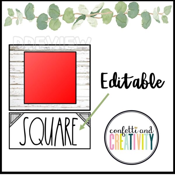 Modern Farmhouse Shape Posters - Editable Red Square Cover Photo Shows a Modern Farmhouse Shape Poster styled with a red square on a white wood background and matching text.