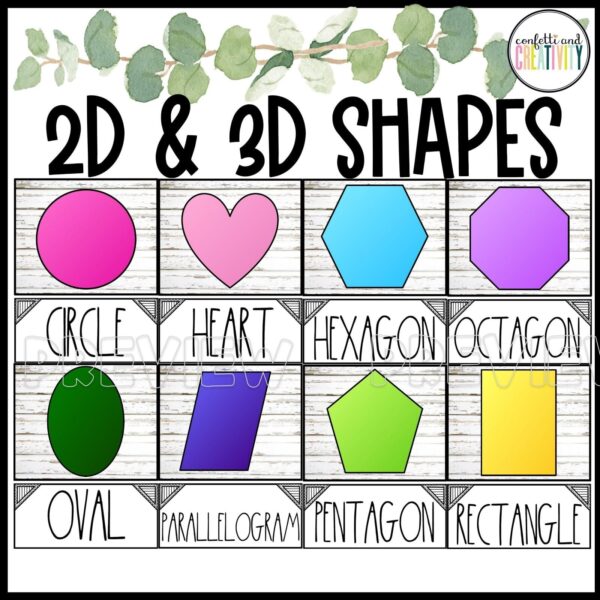 Shows an example of 8 different shape posters from the modern farmhouse classroom theme. Includes both 2D and 3D shapes