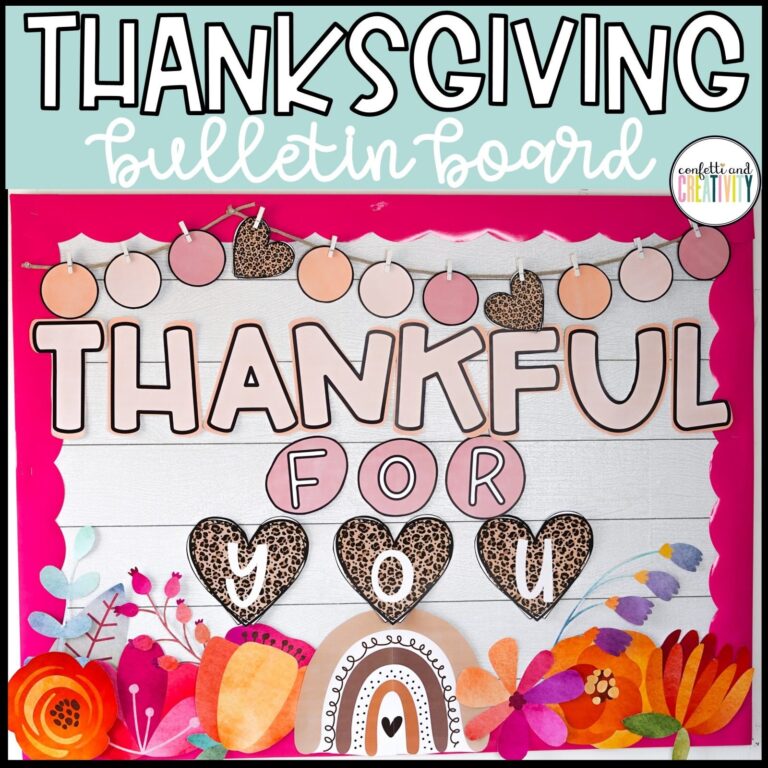 Shows the Thanksgiving bulletin board " Thankful for you". This board is perfect for a teacher to celebrate the Thanksgiving season. Features trending designs like leopard print and soft colors. Perfect to set up for a November bulletin board.